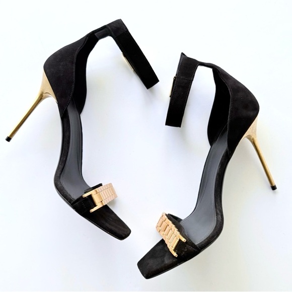Balmain Uma Chain High Heel Sandals in Black Suede w/ Gold 38.5 - Picture 2 of 16